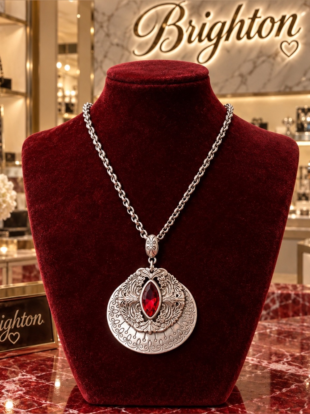 Brighton Rouge Lace Silver Plate Pendant Necklace w Red Navette Crystal